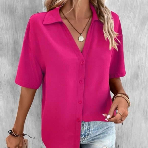 New hot pink button down short sleeve top - Picture 4 of 8